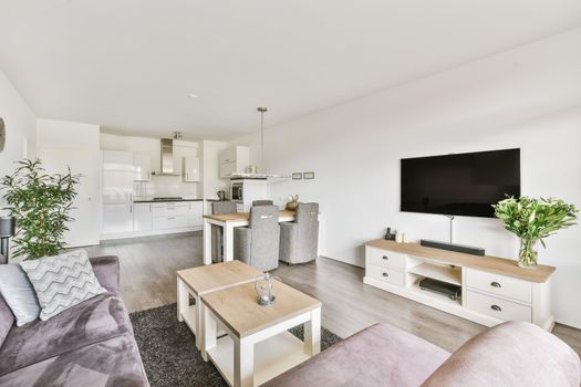 Large modern studio room with living room, dining area and kitchen