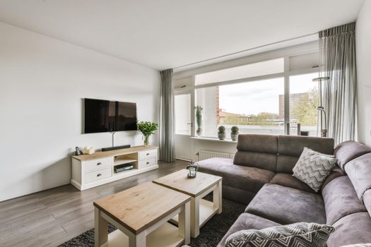 Stylish living room with soft sofa and plasma TV