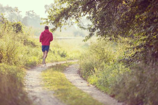 young man enjoying in a healthy lifestyle while jogging along a country road, exercise and fitness concept