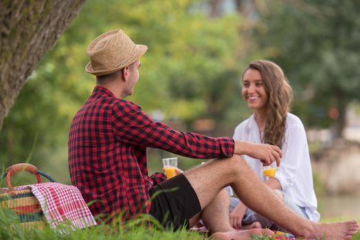 Couple in love enjoying picnic time drink and food in beautiful nature on the river bank