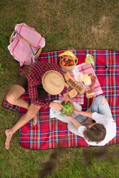 Couple in love enjoying picnic time drink and food in beautiful nature on the river bank top view