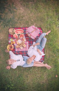 Couple in love enjoying picnic time drink and food in beautiful nature on the river bank top view