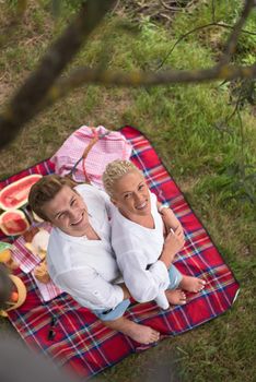 Couple in love enjoying picnic time drink and food in beautiful nature on the river bank top view