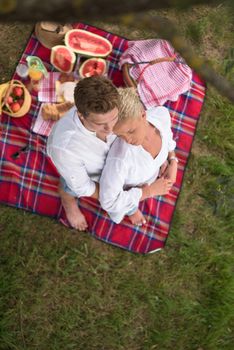 Couple in love enjoying picnic time drink and food in beautiful nature on the river bank top view