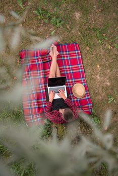 A young freelancer using a laptop computer while working in beautiful nature under the tree top view
