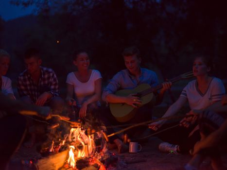 a group of happy young friends relaxing and enjoying  summer evening around campfire on the river bank