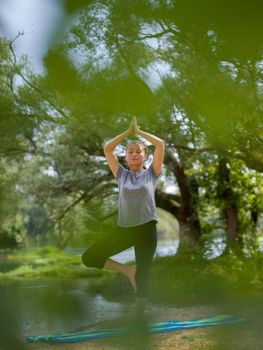 healthy woman relaxing while meditating and doing yoga exercise in the beautiful nature on the bank of the river