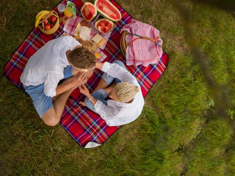 Couple in love enjoying picnic time drink and food in beautiful nature on the river bank top view