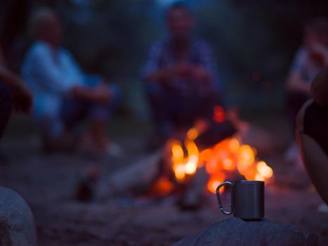 a group of happy young friends relaxing and enjoying  summer evening around campfire on the river bank