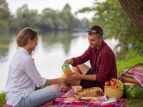 Couple in love enjoying picnic time drink and food in beautiful nature on the river bank