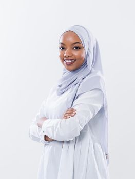 portrait of young modern muslim afro beauty wearing traditional islamic clothes on white background