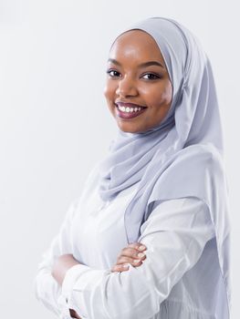 portrait of young modern muslim afro beauty wearing traditional islamic clothes on white background