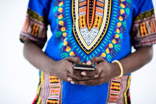 native sudan african male using smart phone isolated on white background