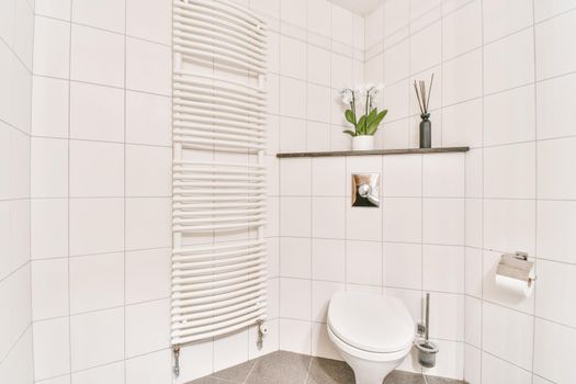 Washroom with a radiator next to the toilet and a shelf above it
