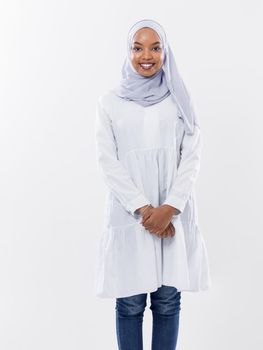 portrait of young modern muslim afro beauty wearing traditional islamic clothes on white background