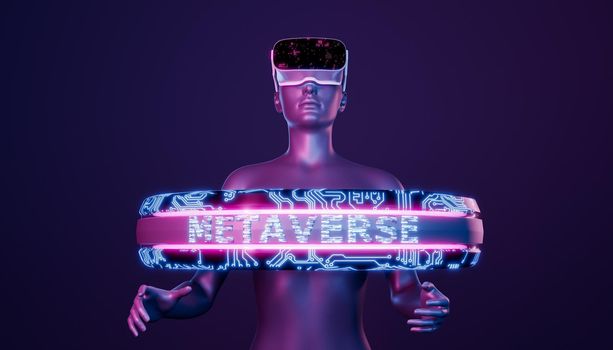 3d girl with virtual reality goggles and an electronic ring around with the word METAVERSE. neon lights. futuristic concept, video games, technology and crypto. 3d rendering