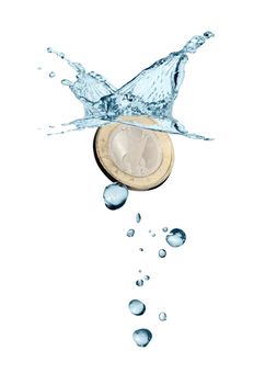 One Euro coin with water splash on white background