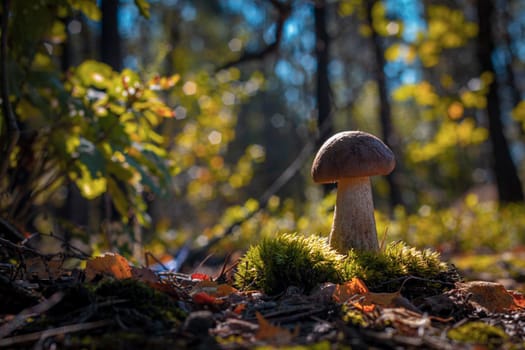 Cep mushroom in moss and coniferous forest. Royal porcini food in nature. Boletus growing in wild wood