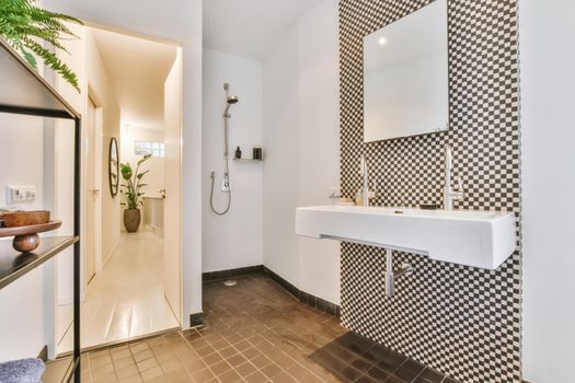 Luxury interior design of a bathroom with marble walls