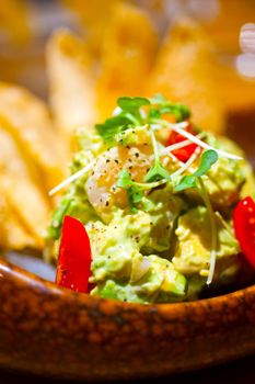 fresh avocado and shrimps salad with nachos on side