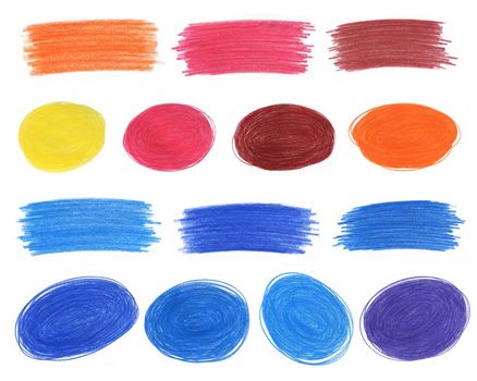 Set of Abstract Stain Drawn by Colored Pencil Isolated on White Background. Collection of Pastel Colored Spot for Decoration, Poster, Banner, Greeting Cards Design.