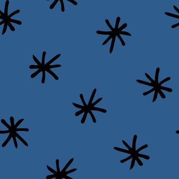 Seamless Pattern with Black Snowflakes on Blue Background. Abstract Hand-Drawn Doodle Snowflakes.