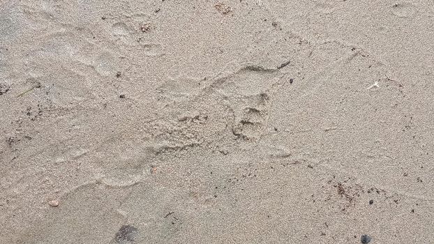 Abstract background of nature. Sand of the river bank. A blurry image of a sand pattern. A human footprint in the sand, close-up.