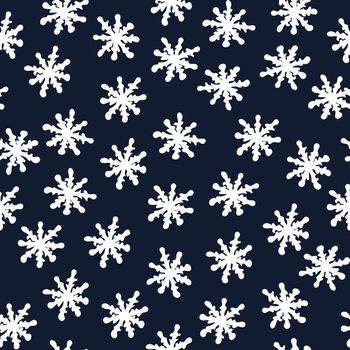 Seamless Pattern with White Snowflakes on Dark Blue Background. Abstract Hand-Drawn Doodle Snowflakes.