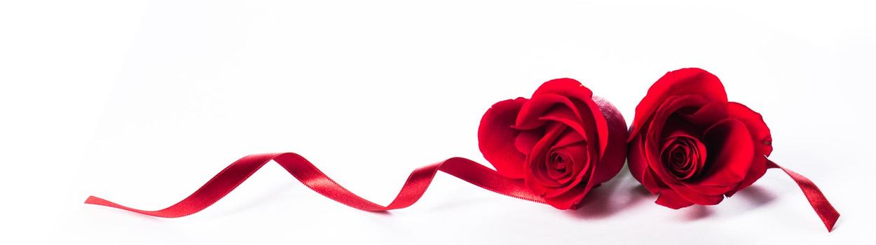 Two heart shaped red roses and ribbons isolated on white background, Valentines day