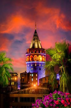 Illuminated Galata Tower in Istanbul at night, Turkey