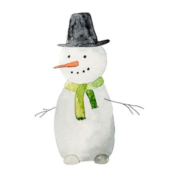 Christmas card with smiling snowman painted with watercolor, wearing hat and isolated on white background. New Year festive art with beautiful Xmas character drawn with aquarelle