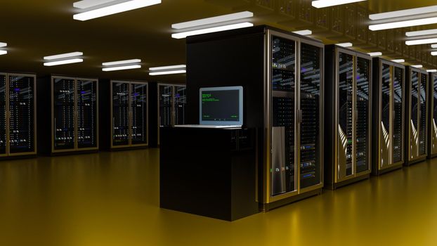 Servers. Server racks in server room cloud data center. Datacenter hardware cluster. Backup, hosting, mainframe, mining, farm and computer rack with storage information. 3D rendering. 3D illustration