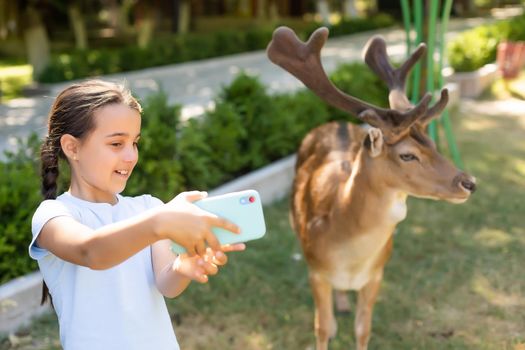 Child feeding wild deer at petting zoo. Kids feed animals at outdoor. Little girl watching reindeer on a farm. Kid and pet animal. Family summer trip to zoological garden. Herd of deers