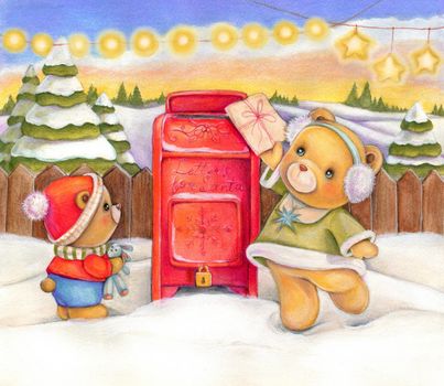 Santa mail watercolor hand drawing. Baby bears send a letter to santa claus. Christmas illustration for use in printing greeting cards, children's books, posters, etc.