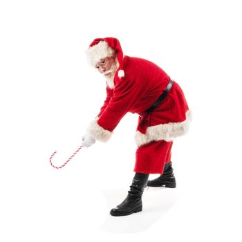 Christmas Santa Claus golfer golfing with candy cane isolated on white background