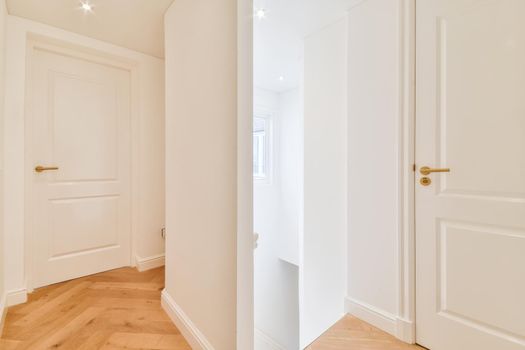 Bright corridor with doors and parquet floor