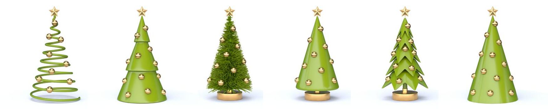 Set of Christmas trees with golden Christmas balls 3D rendering illustration isolated on white background
