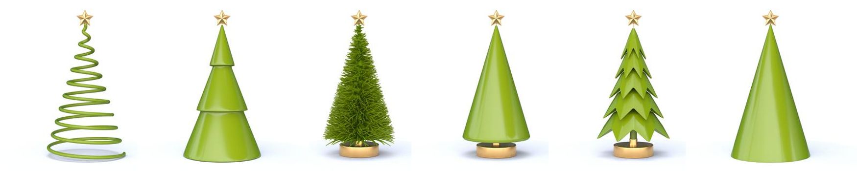 Set of Christmas trees with golden Christmas star 3D rendering illustration isolated on white background