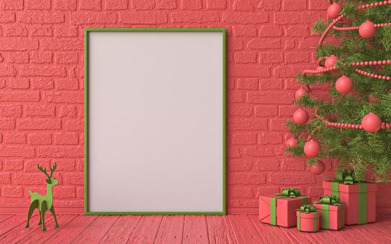 Mock up blank picture frame Red and green  Christmas decoration and gifts 3D render illustration