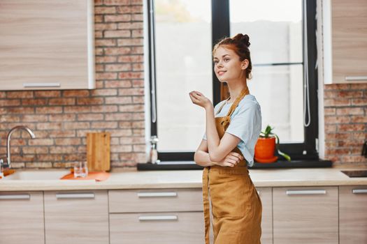 pretty woman in a brown apron kitchen interior Lifestyle. High quality photo