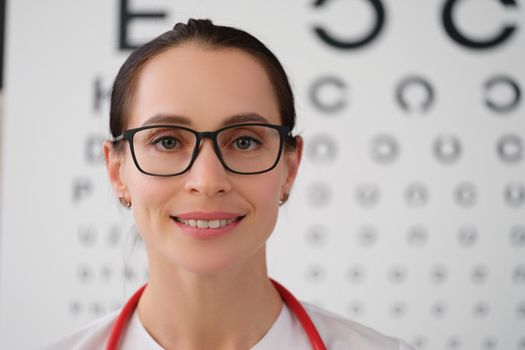 Portrait of a beautiful woman ophthalmologist, close-up. Eyesight examination, selection of glasses and frames