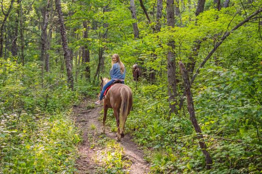 Beautifulwoman riding a horse in countryside.