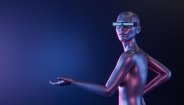 futuristic girl with luminous glasses pointing to an empty space. neon lights. futuristic concept of metaverse, technology and cyber. 3d rendering