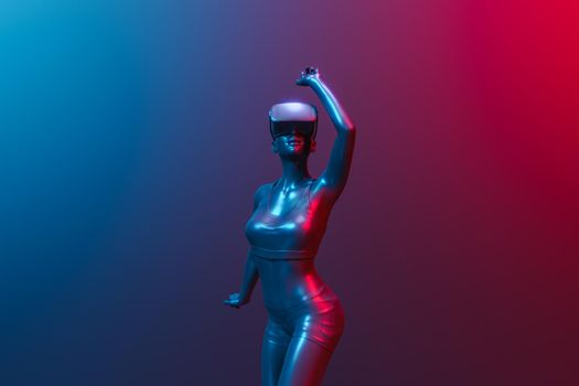 3d girl dancing with virtual reality goggles and neon illumination with intense colors. concept of technology, fun, entertainment and metaverse. 3d rendering