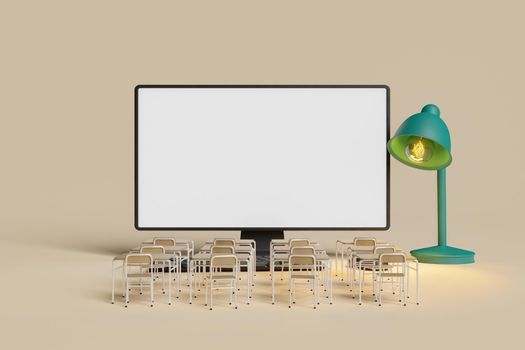 computer screen with school desks in front of it and a desk lamp illuminating it. concept of online education, technology, learning and studying. 3d rendering