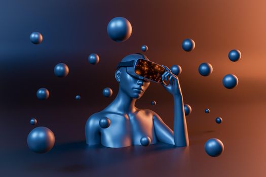 3d female bust with virtual reality goggles and spheres around. concept of technology, video game, nft, entertainment and metaverse. 3d rendering