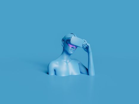 3d female bust with VR glasses in minimalist and monochromatic blue scene. concept of fun, technology, video games and metaverse. 3d rendering