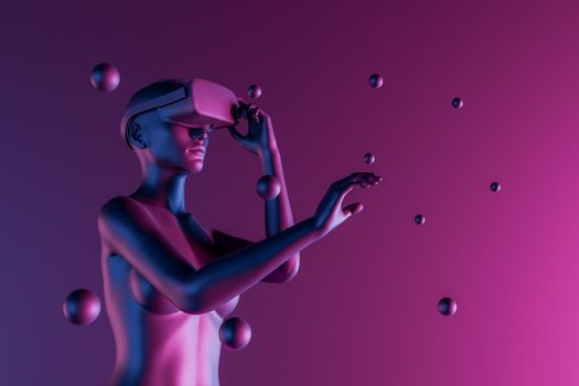 3d girl with virtual reality glasses and spheres around. intense color, neon lights. concept of video games, entertainment, fun, future and metaverse. 3d rendering