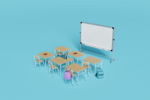 minimalist classroom with desks and whiteboard. concept of education, learning, courses and study. 3d rendering
