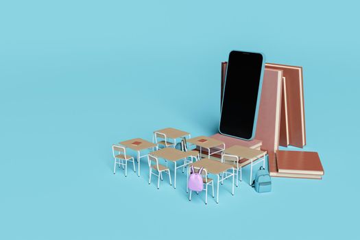 concept of an online classroom with desks and a mobile phone supported by books. education, learning, technology, courses. 3d rendering